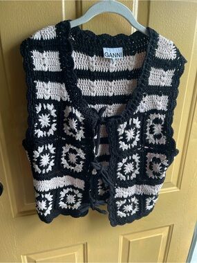 Ganni Black and Cream Crochet Tie-Front Vest